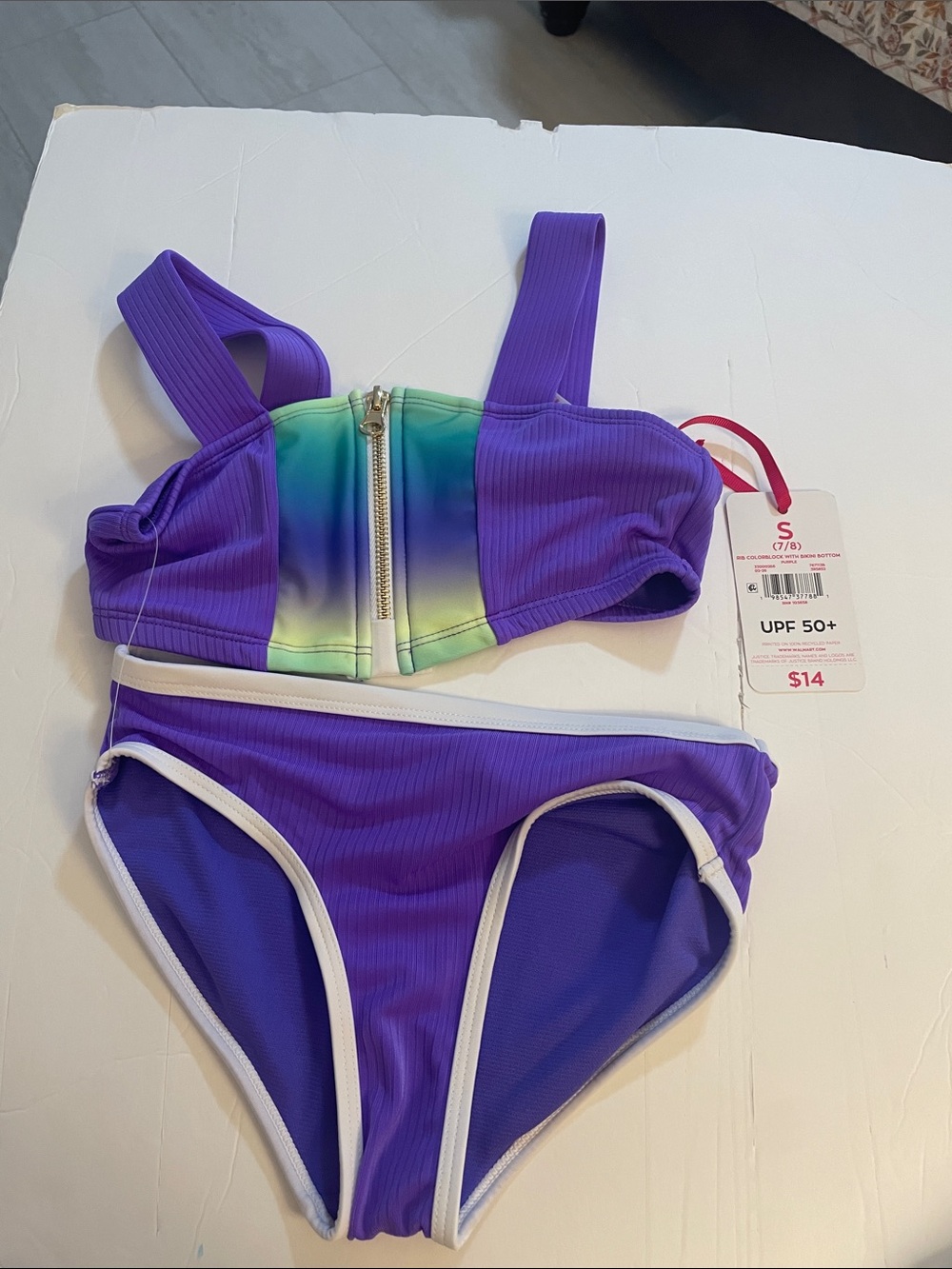 Justice Girls Purple Ombre Front-Zip Bikini Set with White Trim